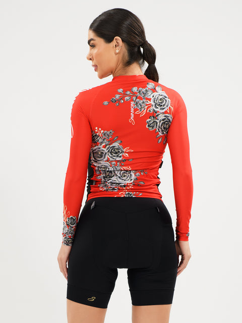 Women's Long Sleeve Cycling Jersey - Flowers Red by Savancini (3309)